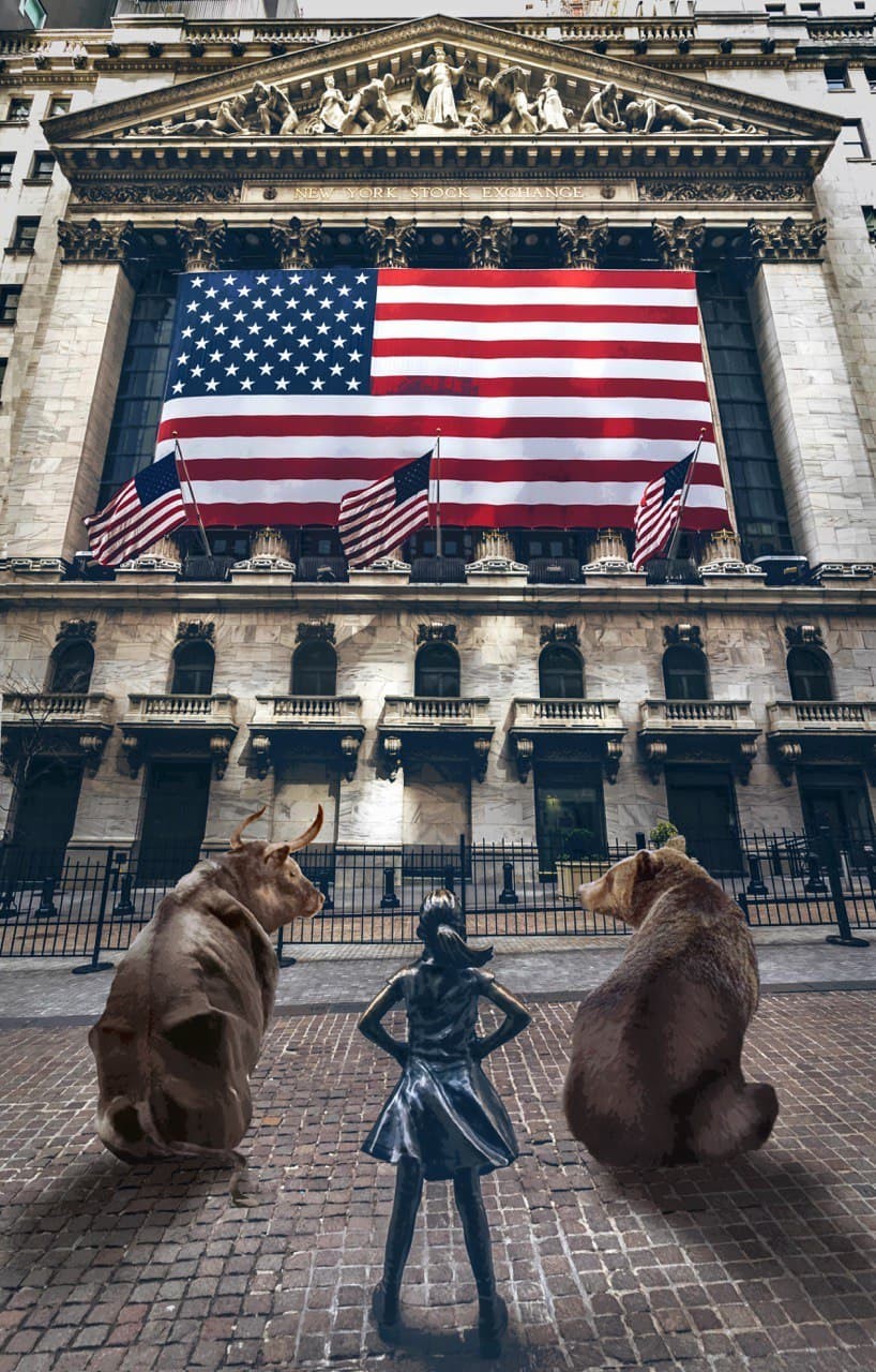Fearless girl with Bear and Bull and US Flag Poster