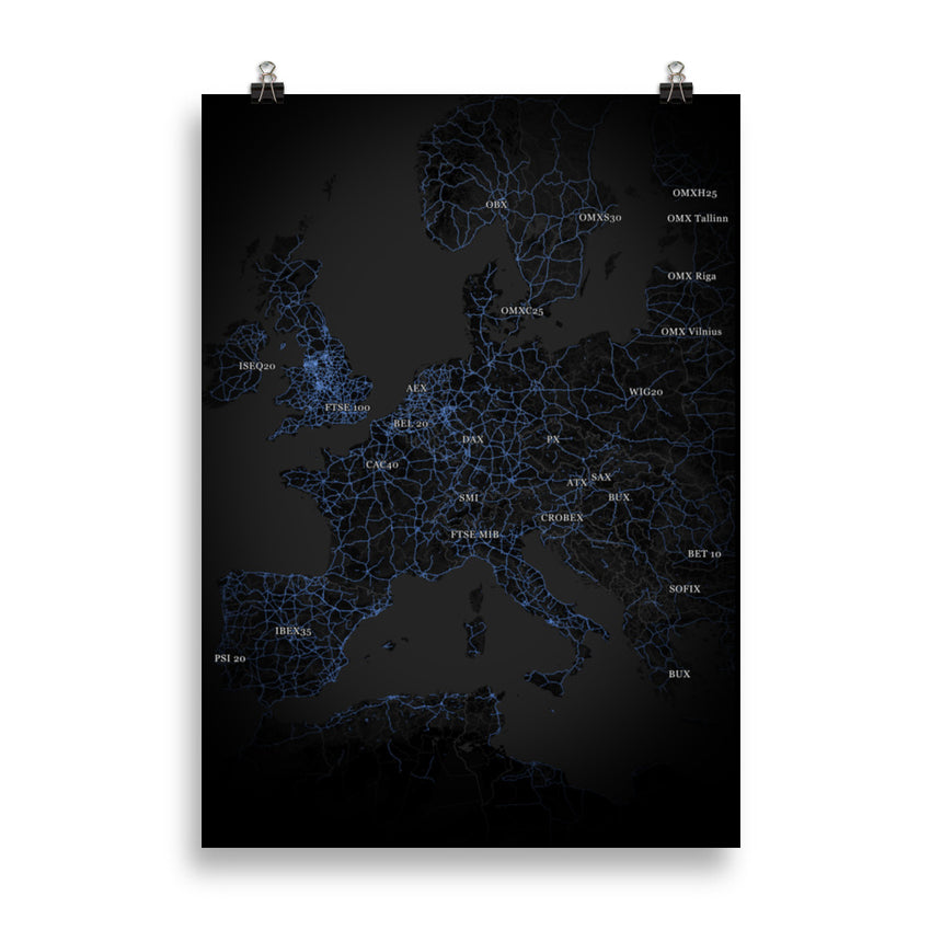 Black Europe Stock Indices Poster